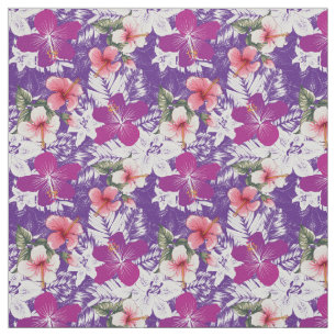 Tissu Hibiscus imprimé à fleurs violet rose blanc et ver