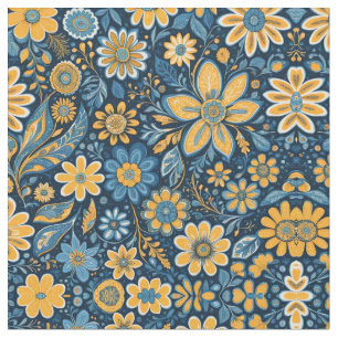 Tissu Hippie rétro Fleurs Vintages Design bleu jaune