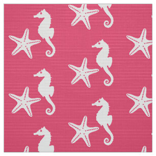 Tissu Hippocampe et étoiles de mer - Coral rose et blanc