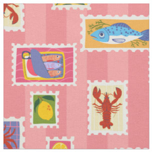 Tissu homard sardine citron timbre collage rayure seafoo
