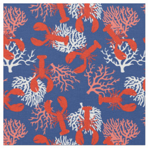 Tissu Homards du Maine Côtier Rouge Blanc Bleu Motif