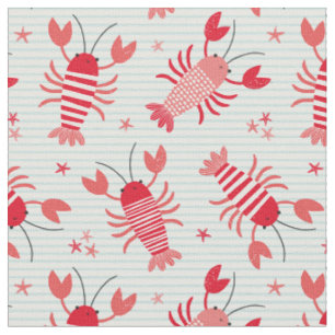 Tissu Homards mignons sur bleu clair rayé blanc