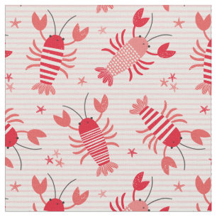 Tissu Homards mignons sur rayure blanche rose clair