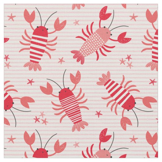 Tissu Homards mignons sur rayure blanche rose clair (Fermer)
