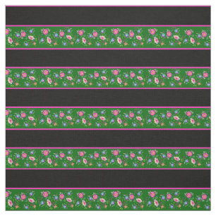 Tissu Île verte/noire, bande de pin rose, fleurs folklor