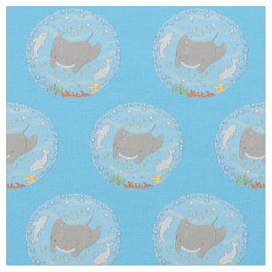 Tissu Illustration d'une mignonne raie manta et de bulle