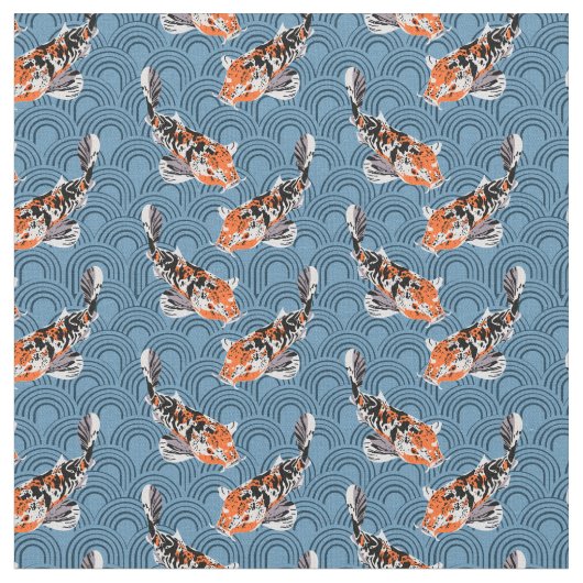 Tissu Illustrations de Koi Fish sur le modèle bleu (Fermer)