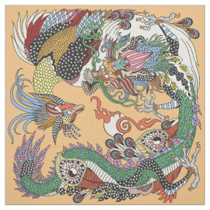 Tissu Jade Dragon et Gold Phoenix jouant avec une perle