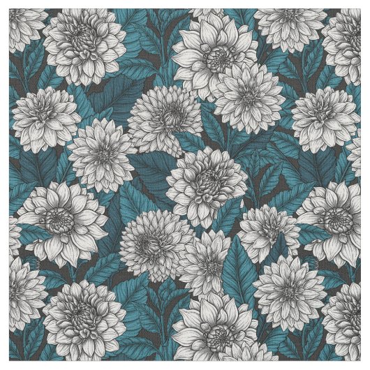 Tissu Jardin blanc Dahlia / feuilles bleus 2 (Fermer)