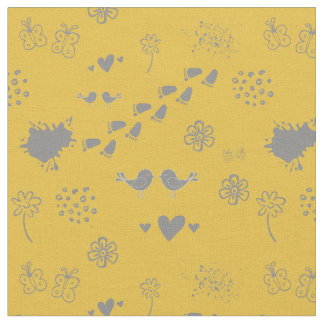 Tissu Jaune rétro et gris motif d'oiseaux, points, foin