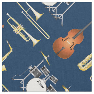 Tissu Jazz Band Instruments Musique Musicien Décor Bleu