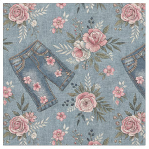 Tissu Jean en Denim & Fleurs Roses - Motif de Conception