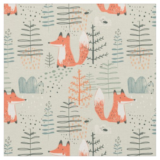 Tissu Joli Doodle Fox Forest Motif de bois (Fermer)