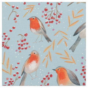 Tissu Joli motif de rouge-gorge oiseaux de Noël hiver bl