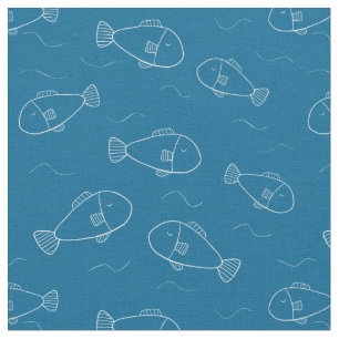 Tissu Joli poisson blanc imprimé sur un bleu océan