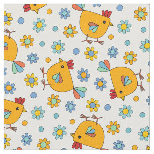 Tissu Joli poulet moderne coloré et fleur Pâques