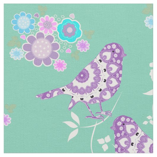 Tissu Jolies Fleurs Coeurs Et Oiseaux Motifs (Fermer)