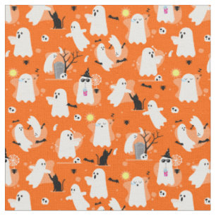 Tissu jolis fantômes d'Halloween chat noir orange