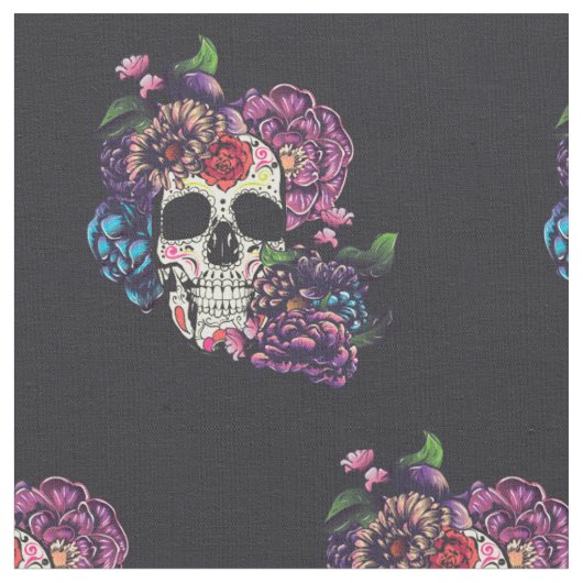 Tissu Jour du crâne mort avec des fleurs (Fermer)