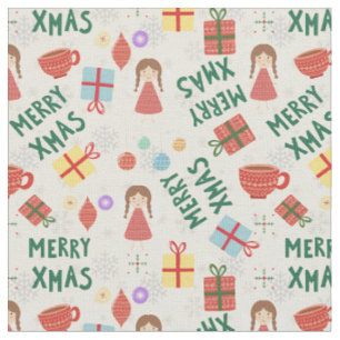 Tissu Joyeux Noël girly rouge motif vert pour elle