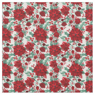 Tissu Joyeux rouge Poinsettia Fleurs Feuilles ivoire Aqu