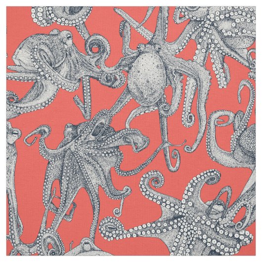 Tissu juste des pieuvres indigo rouge (Échantillon)