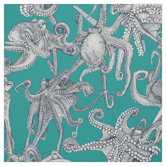 Tissu juste des pieuvres indigo sarcelle (Échantillon)