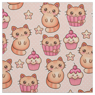 Tissu Kawaii Cute Cats and Cupcakes Motif rose