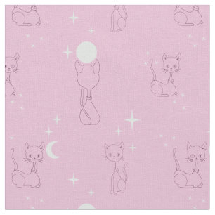 Tissu Kawaii Cute Cats Lune Étoiles Motif rose