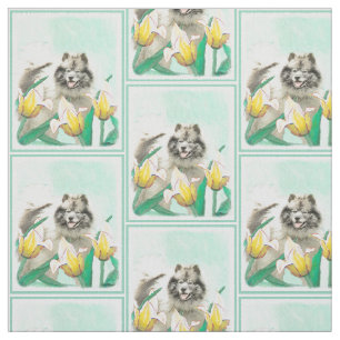 Tissu Keeshoned in Tulips Peinture Cute Original Dog Art
