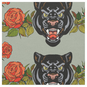 Tissu La tête d'une panthère noire et des roses en fleur