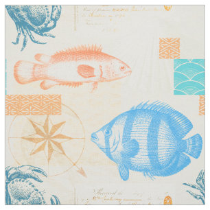 Tissu Le Coastal Beach House Poissons et crustacés Vint