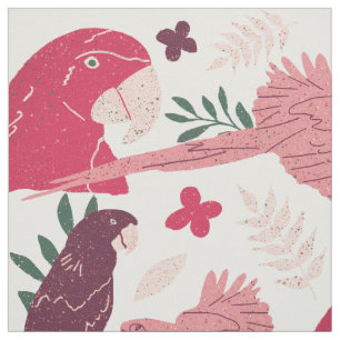 Tissu Le Motif tropical rose rouge d'Ara Parrot sur blan