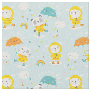 Tissu Les mignons animaux avec parapluie sous la pluie