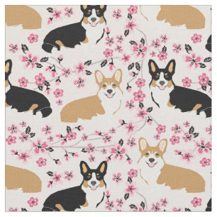 Tissu les trois corgi dogs cerise fleurs roses