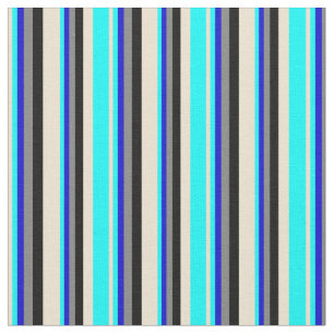 Tissu Lignes beige, aqua, bleu, gris et noir