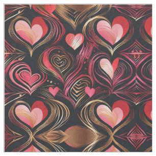 Tissu Lignes de Coeurs d'or rouge rose