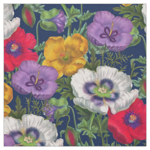 Tissu Lilac Rouge Blanc Jaune Poppies & Feuilles verts