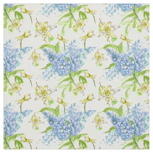 Tissu Lilacs Bleus Colonne Jaune Fleurs d'Aquarelle (Échantillon)