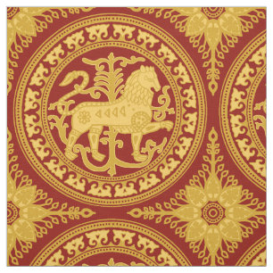 Tissu Lion Esztergom, jaune sur rouge foncé
