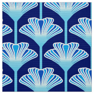 Tissu Lis d'art déco, bleu de cobalt, Aqua et blanc