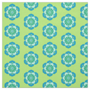 Tissu Lotus Flower Print, Lime Green et Light Blue
