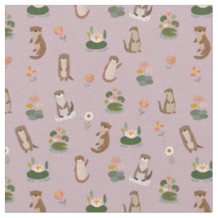 Tissu Loutres et nénuphars sur gris-rose pastel