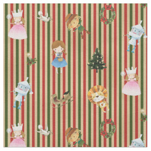 Tissu Magicien d'Oz à Noël rayé rouge/vert/crème