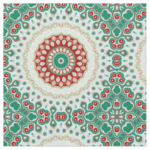 Tissu Mandala de Noël en rouge, vert et bleu givré