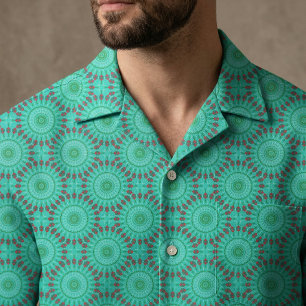 Tissu Mandala géométrique kaléidoscope vert cyan et roug