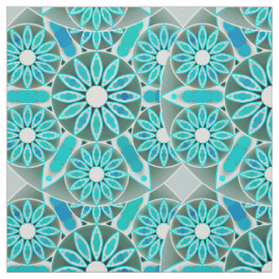 Tissu Mandala motif, turquoise, gris argenté et blanc