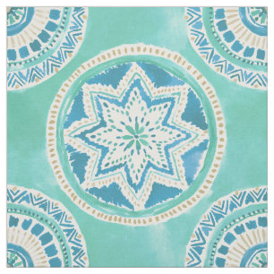 Tissu Mandala PUISSANT de MÉDAILLON d'Aqua et d'or