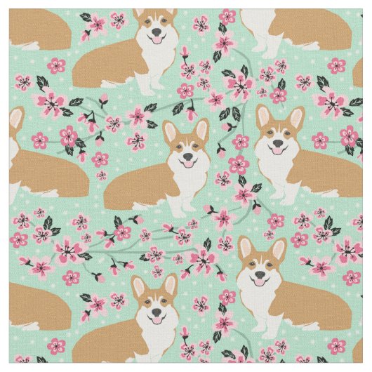 Tissu menthe en fleurs de cerisier de corgi (Fermer)