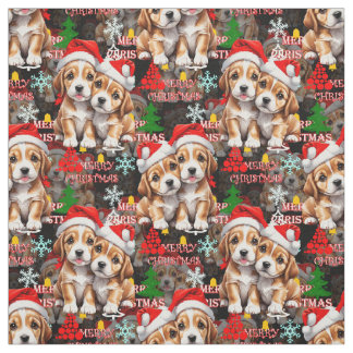 Tissu Merry Christmas Santa Hat Dog Puppy Design - Black